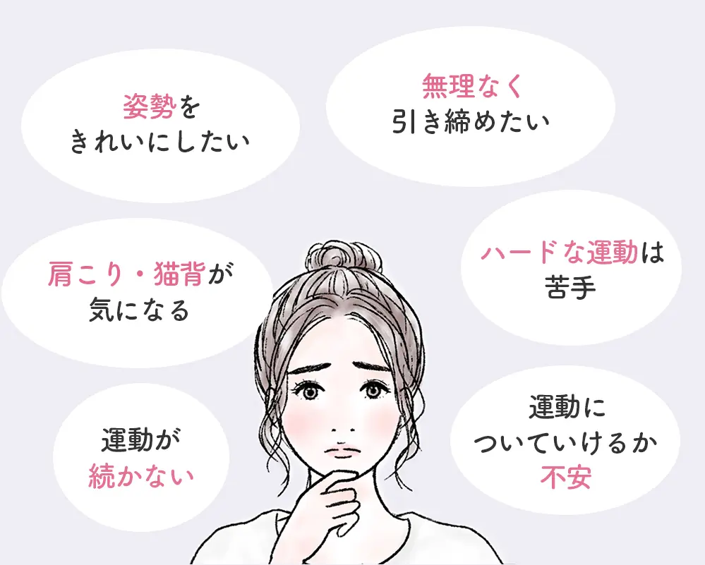 姿勢をきれいにしたい、無理なく引き締めたい、肩こり・猫背が気になる、ハードな運動は苦手、運動が続かない、運動についていけるか不安