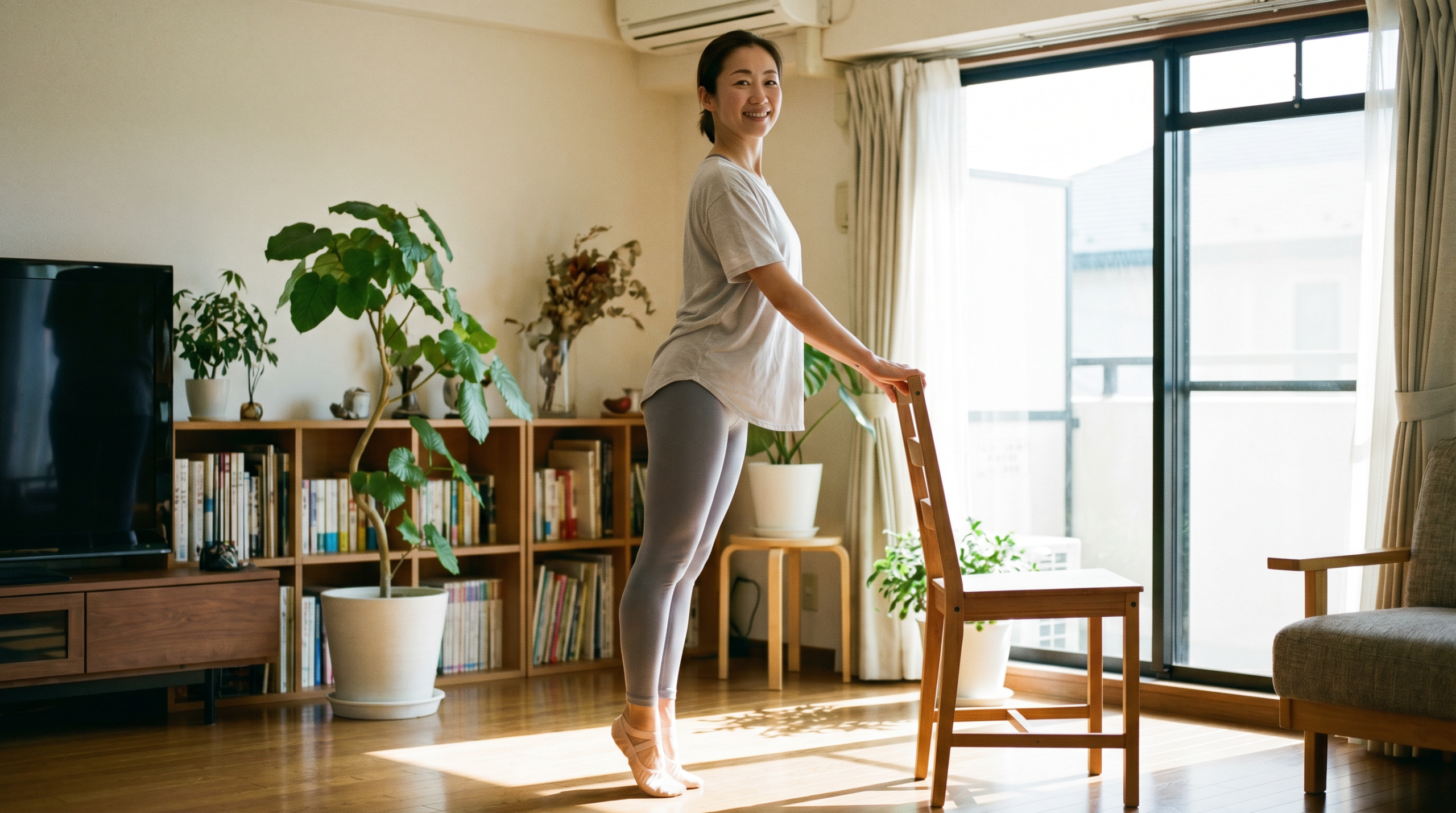 椅子につかまってバレエエクササイズをする女性