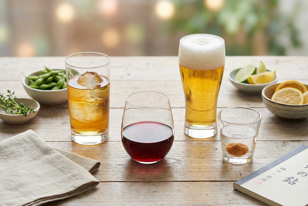 様々なお酒のグラスが並ぶテーブル